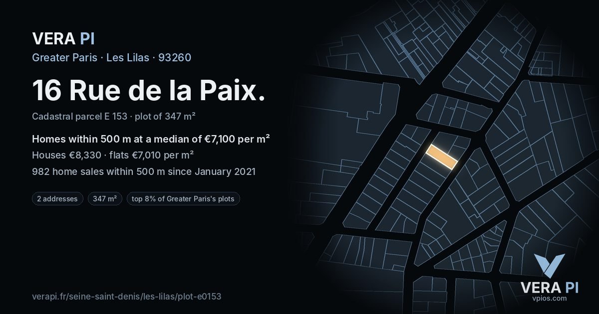 16 Rue de la Paix, Les Lilas at night – the plot lit, the parcels around coloured by the prices near them
