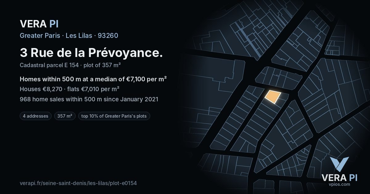 3 Rue de la Prévoyance, Les Lilas at night – the plot lit, the parcels around coloured by the prices near them