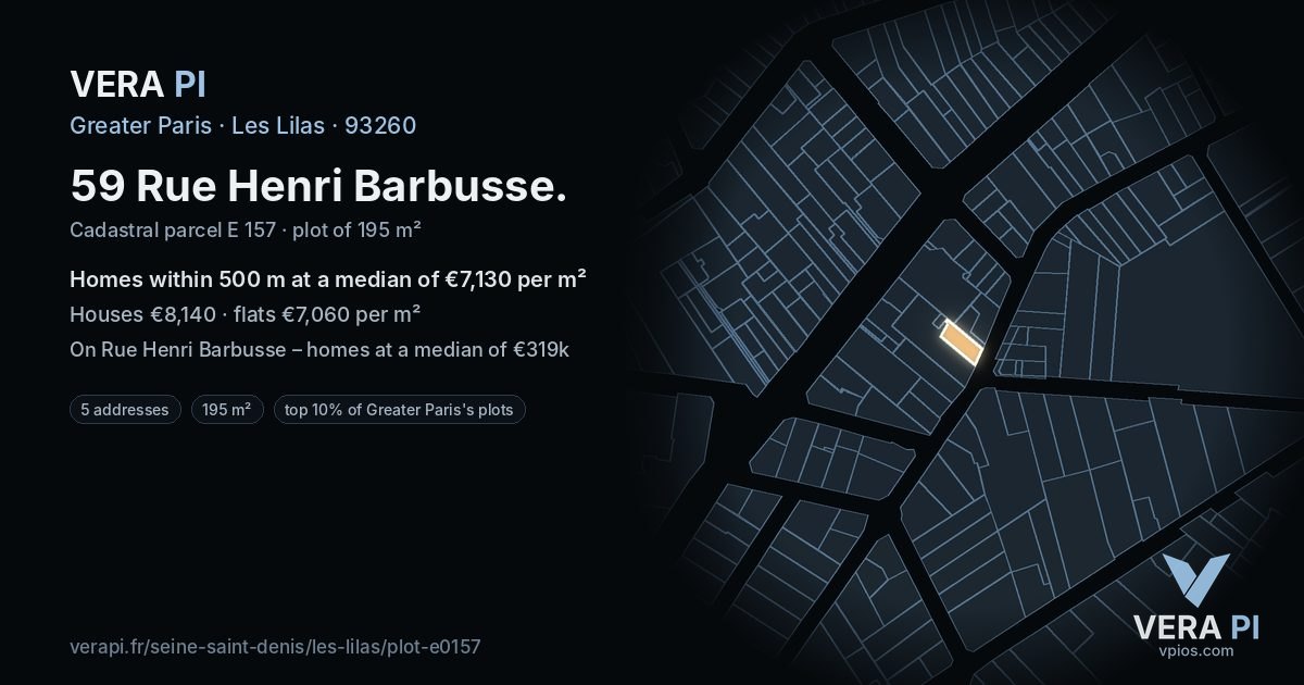 59 Rue Henri Barbusse, Les Lilas at night – the plot lit, the parcels around coloured by the prices near them