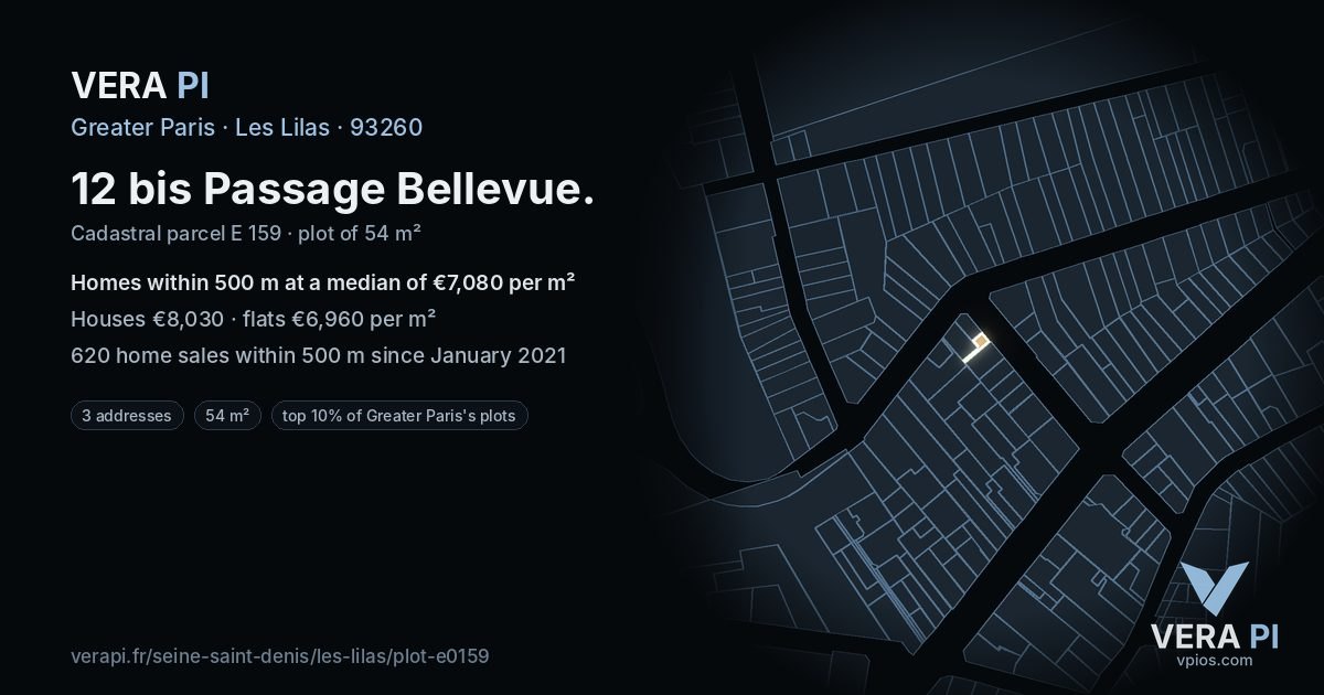 12 bis Passage Bellevue, Les Lilas at night – the plot lit, the parcels around coloured by the prices near them