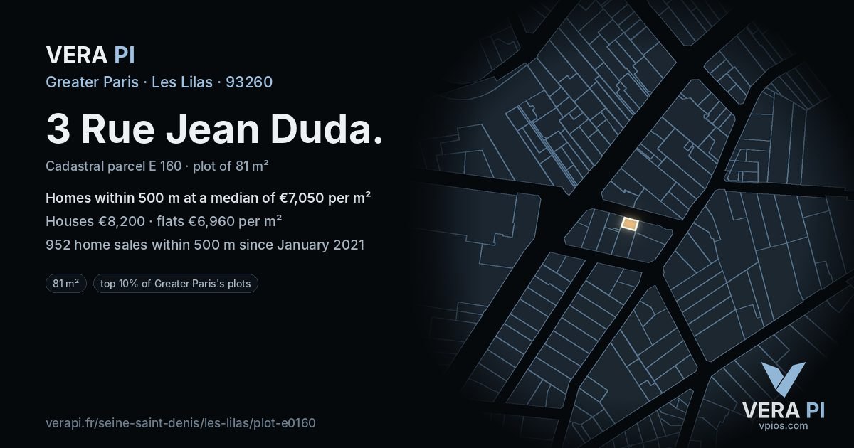 3 Rue Jean Duda, Les Lilas at night – the plot lit, the parcels around coloured by the prices near them