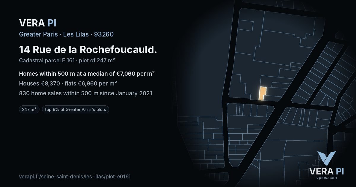 14 Rue de la Rochefoucauld, Les Lilas at night – the plot lit, the parcels around coloured by the prices near them
