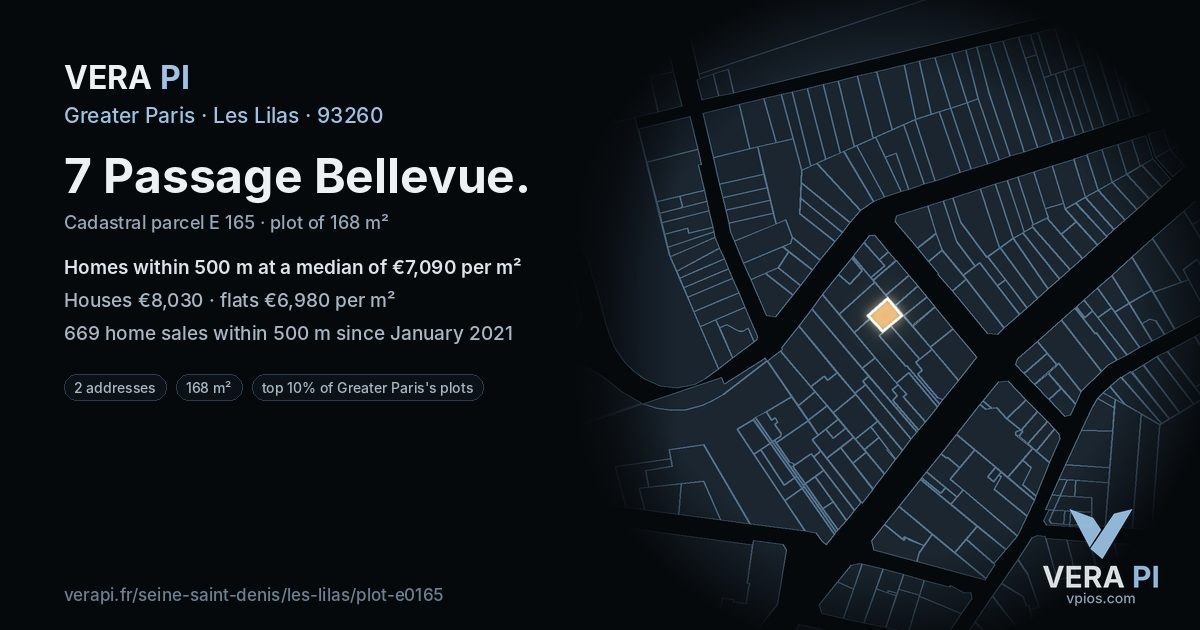 7 Passage Bellevue, Les Lilas at night – the plot lit, the parcels around coloured by the prices near them