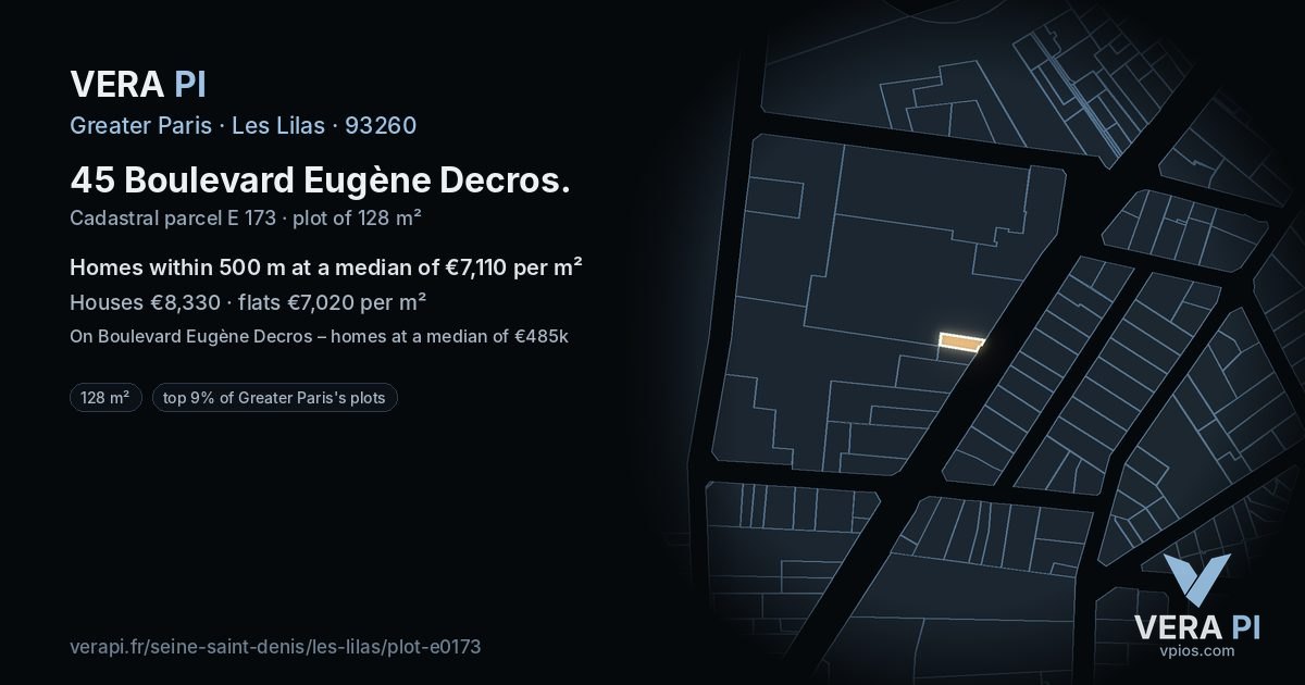 45 Boulevard Eugène Decros, Les Lilas at night – the plot lit, the parcels around coloured by the prices near them