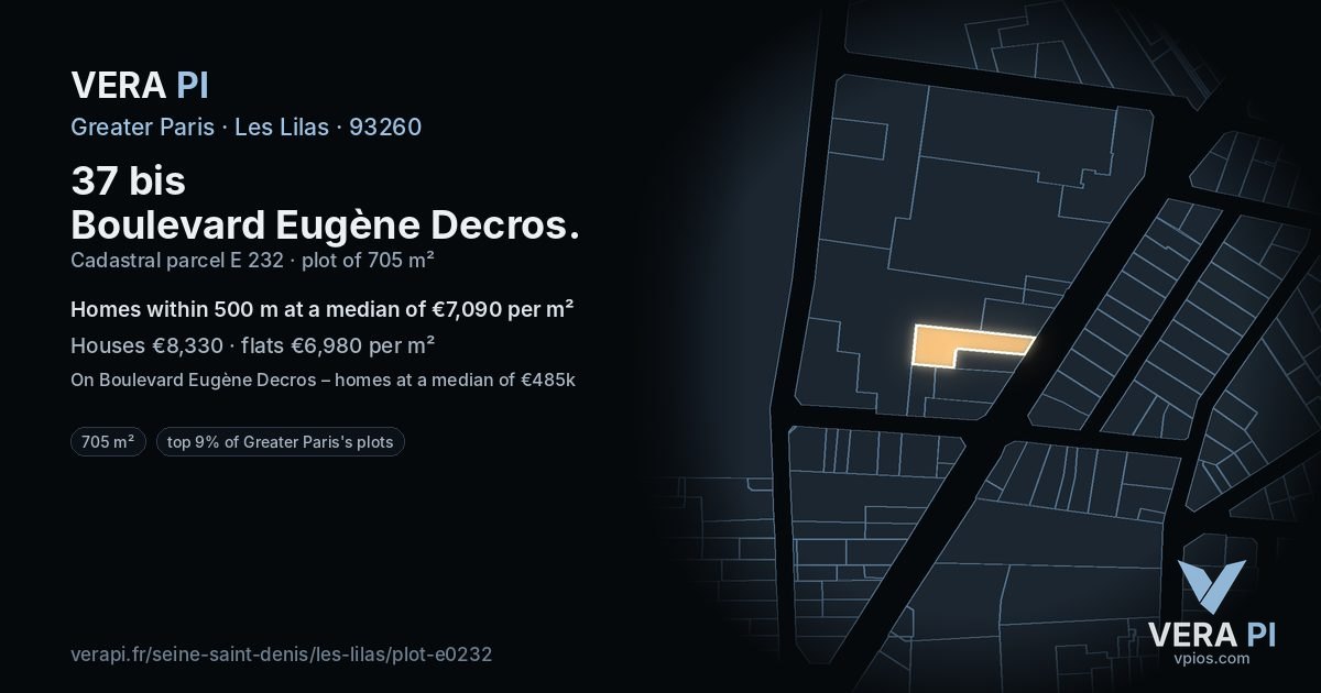 37 bis Boulevard Eugène Decros, Les Lilas at night – the plot lit, the parcels around coloured by the prices near them