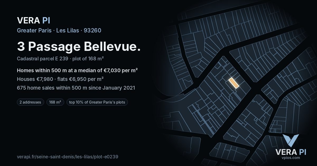 3 Passage Bellevue, Les Lilas at night – the plot lit, the parcels around coloured by the prices near them