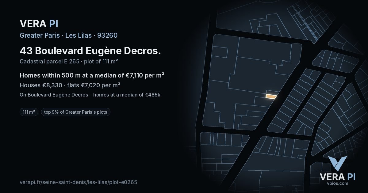43 Boulevard Eugène Decros, Les Lilas at night – the plot lit, the parcels around coloured by the prices near them