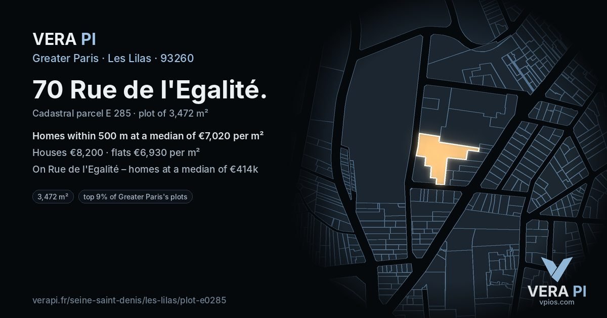 70 Rue de l'Egalité, Les Lilas at night – the plot lit, the parcels around coloured by the prices near them