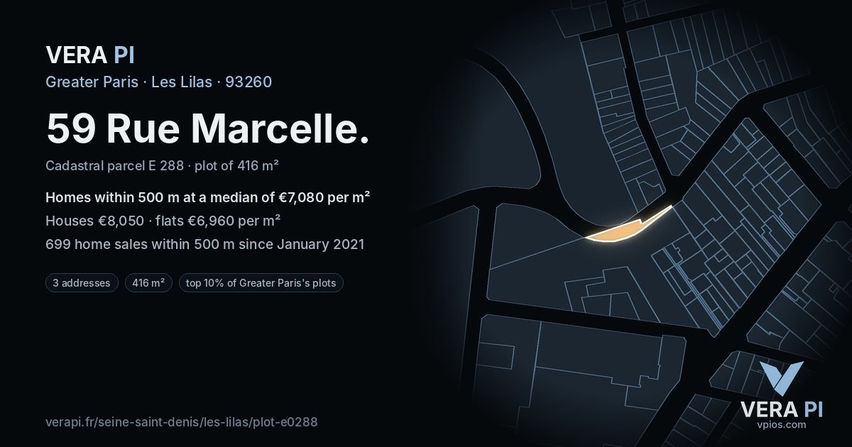 59 Rue Marcelle, Les Lilas at night – the plot lit, the parcels around coloured by the prices near them