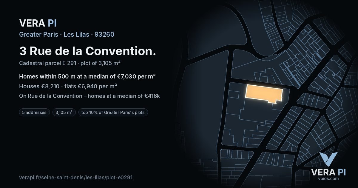 3 Rue de la Convention, Les Lilas at night – the plot lit, the parcels around coloured by the prices near them