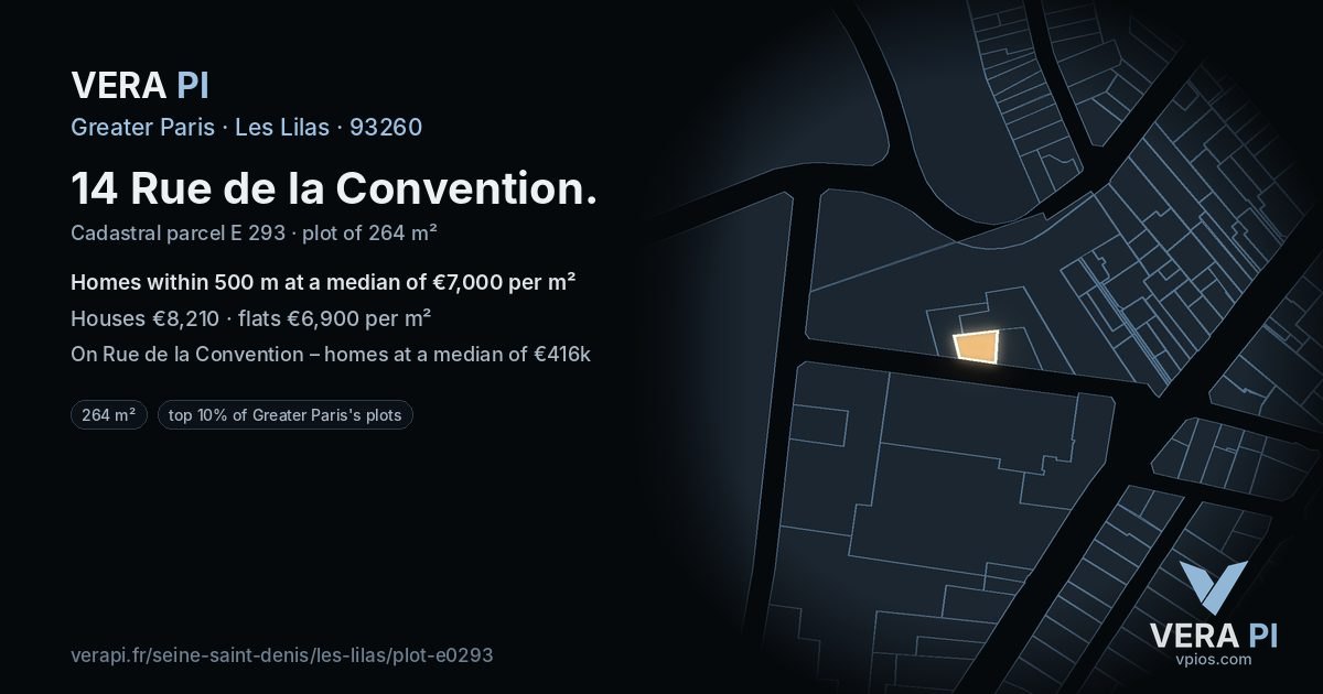 14 Rue de la Convention, Les Lilas at night – the plot lit, the parcels around coloured by the prices near them