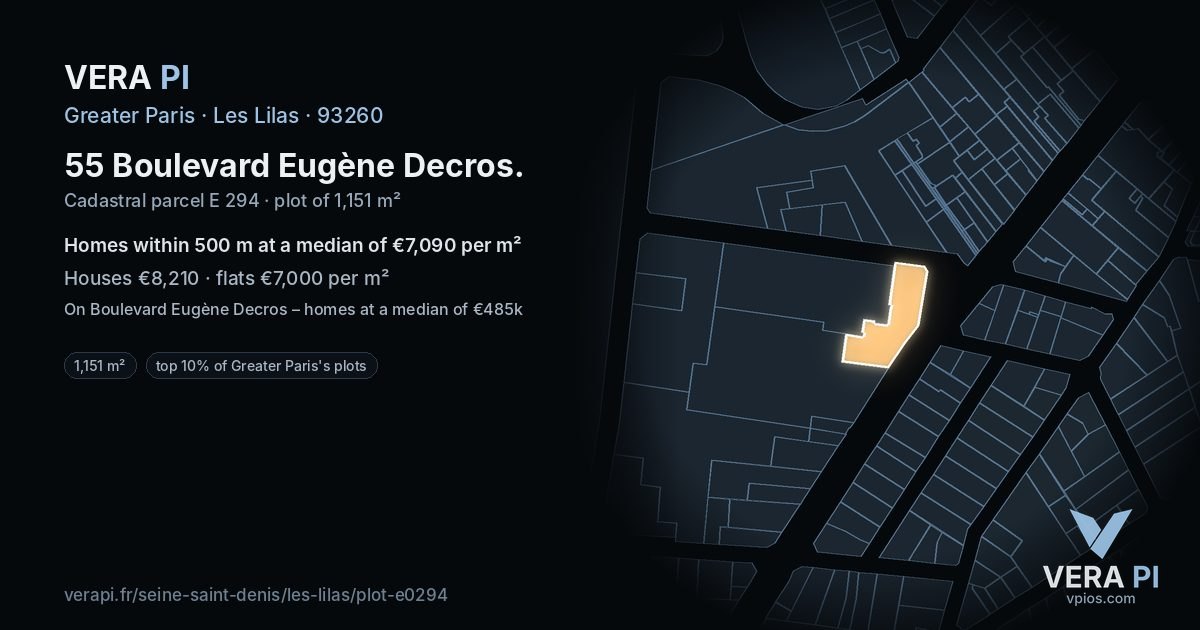 55 Boulevard Eugène Decros, Les Lilas at night – the plot lit, the parcels around coloured by the prices near them