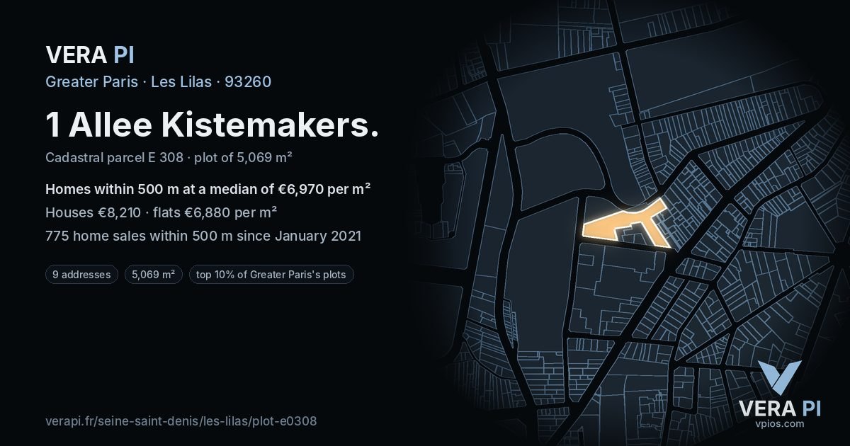 1 Allee Kistemakers, Les Lilas at night – the plot lit, the parcels around coloured by the prices near them