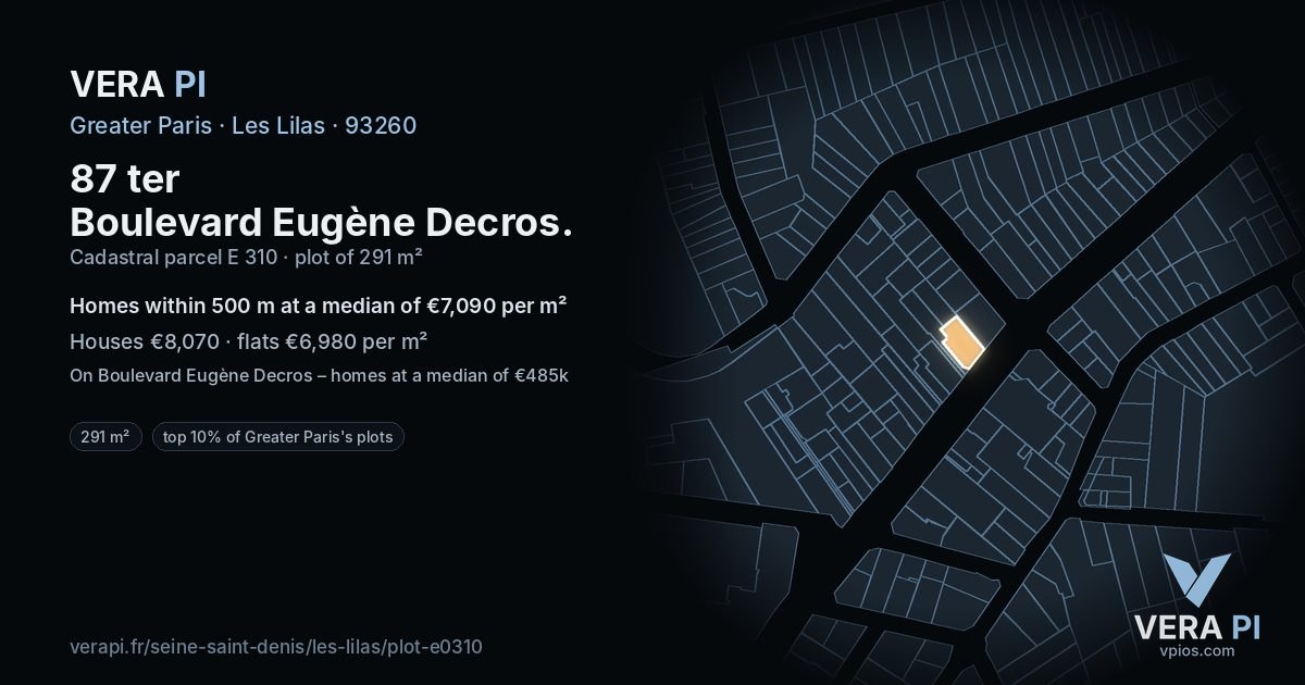 87 ter Boulevard Eugène Decros, Les Lilas at night – the plot lit, the parcels around coloured by the prices near them