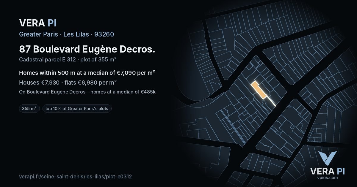 87 Boulevard Eugène Decros, Les Lilas at night – the plot lit, the parcels around coloured by the prices near them