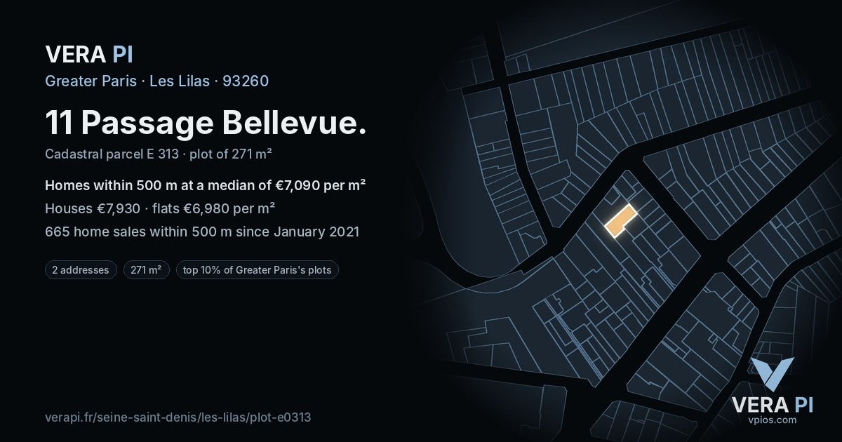 11 Passage Bellevue, Les Lilas at night – the plot lit, the parcels around coloured by the prices near them
