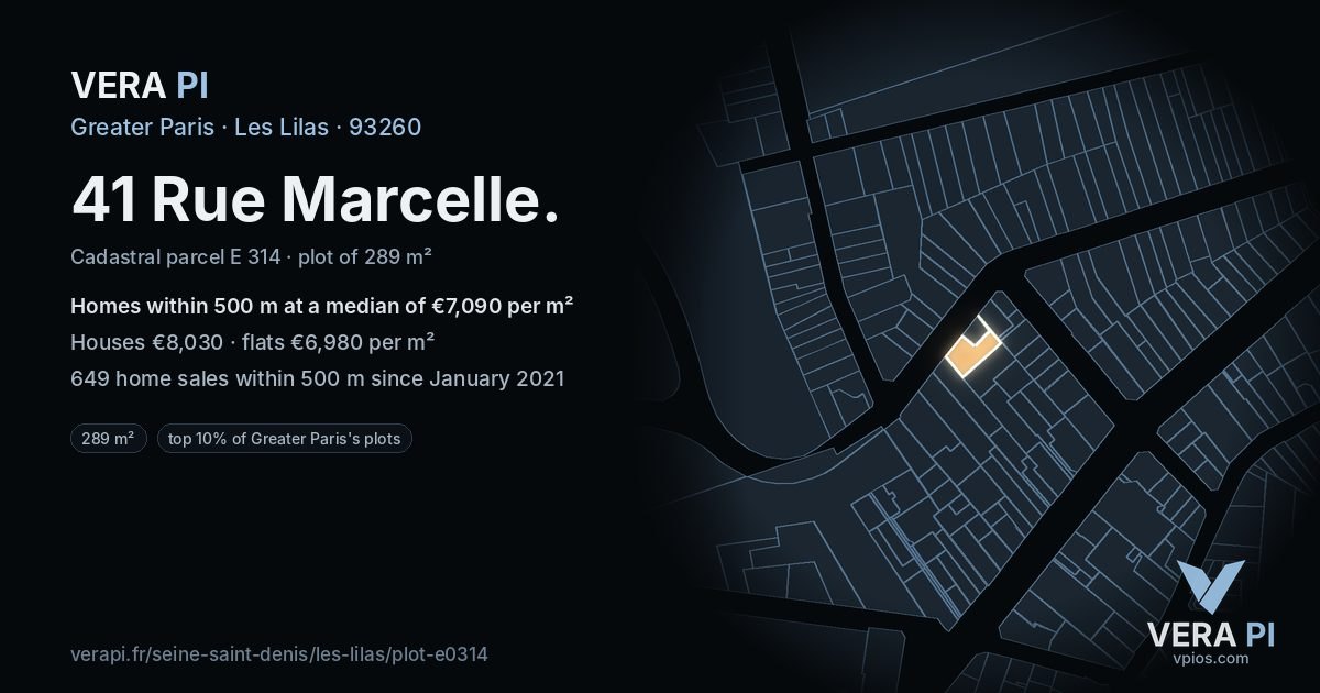 41 Rue Marcelle, Les Lilas at night – the plot lit, the parcels around coloured by the prices near them