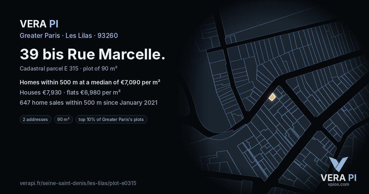 39 bis Rue Marcelle, Les Lilas at night – the plot lit, the parcels around coloured by the prices near them