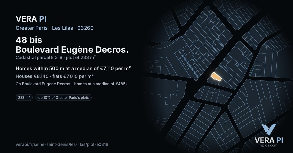 48 bis Boulevard Eugène Decros, Les Lilas at night – the plot lit, the parcels around coloured by the prices near them