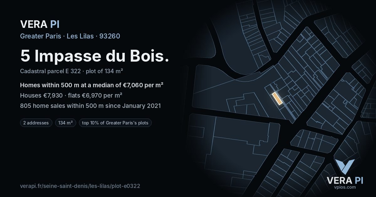 5 Impasse du Bois, Les Lilas at night – the plot lit, the parcels around coloured by the prices near them
