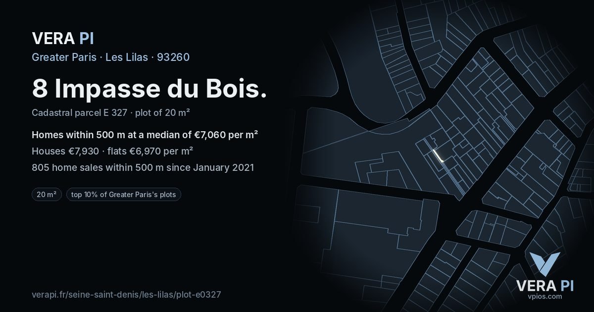 8 Impasse du Bois, Les Lilas at night – the plot lit, the parcels around coloured by the prices near them