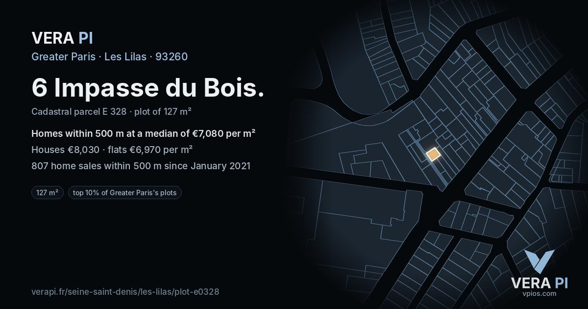 6 Impasse du Bois, Les Lilas at night – the plot lit, the parcels around coloured by the prices near them
