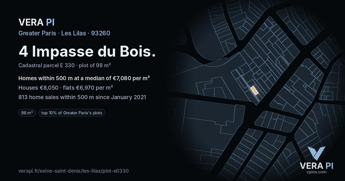 4 Impasse du Bois, Les Lilas at night – the plot lit, the parcels around coloured by the prices near them