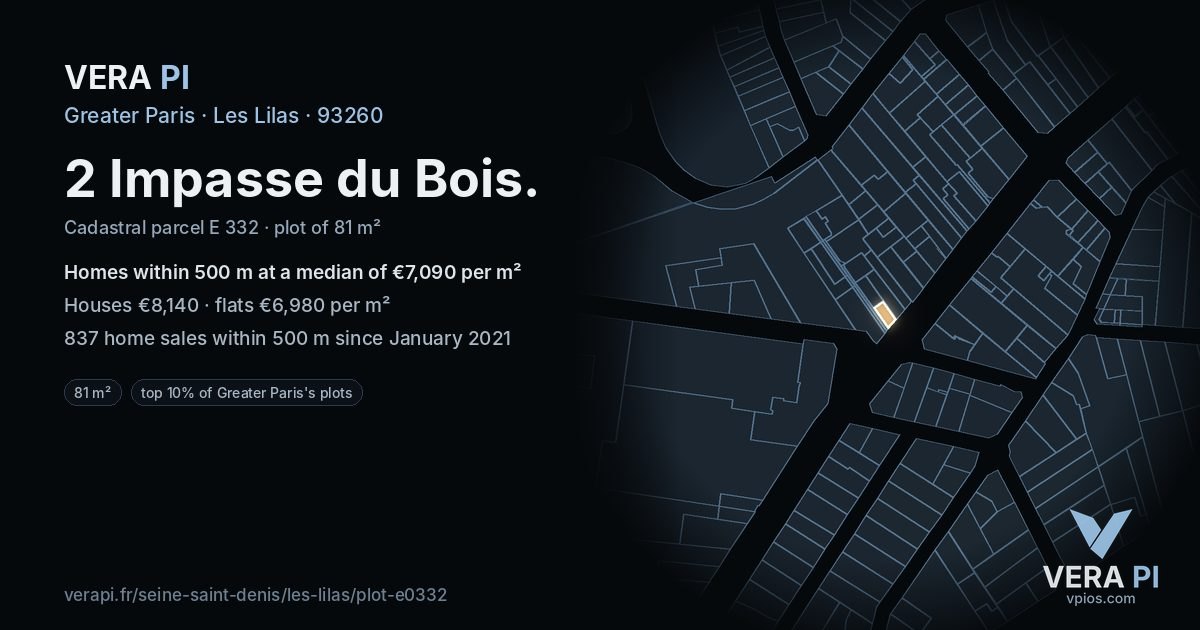 2 Impasse du Bois, Les Lilas at night – the plot lit, the parcels around coloured by the prices near them