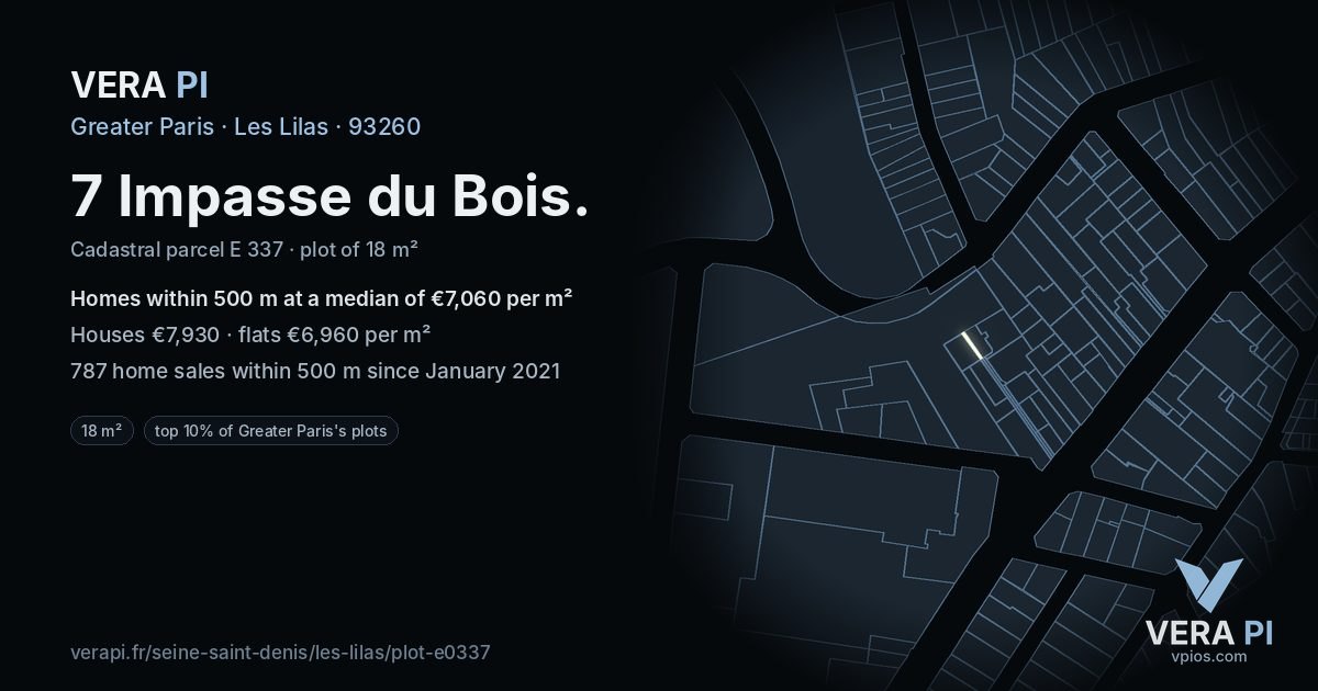 7 Impasse du Bois, Les Lilas at night – the plot lit, the parcels around coloured by the prices near them