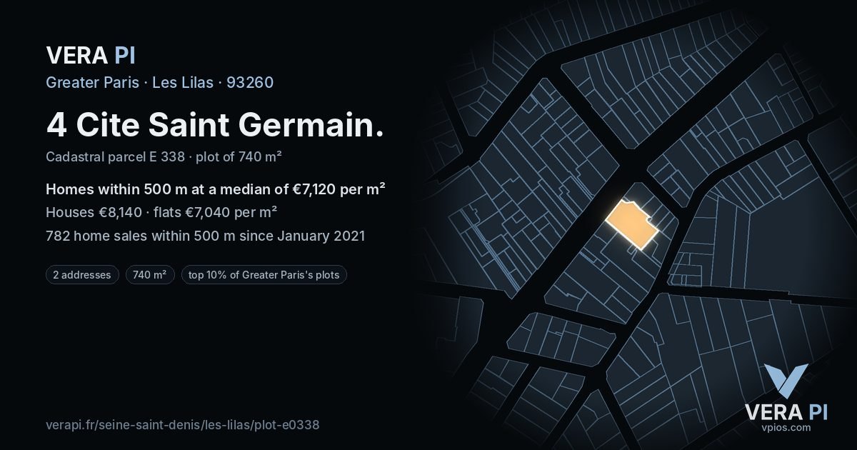 4 Cite Saint Germain, Les Lilas at night – the plot lit, the parcels around coloured by the prices near them