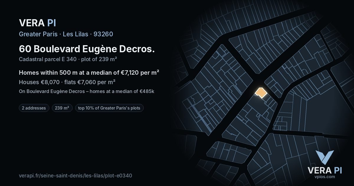60 Boulevard Eugène Decros, Les Lilas at night – the plot lit, the parcels around coloured by the prices near them