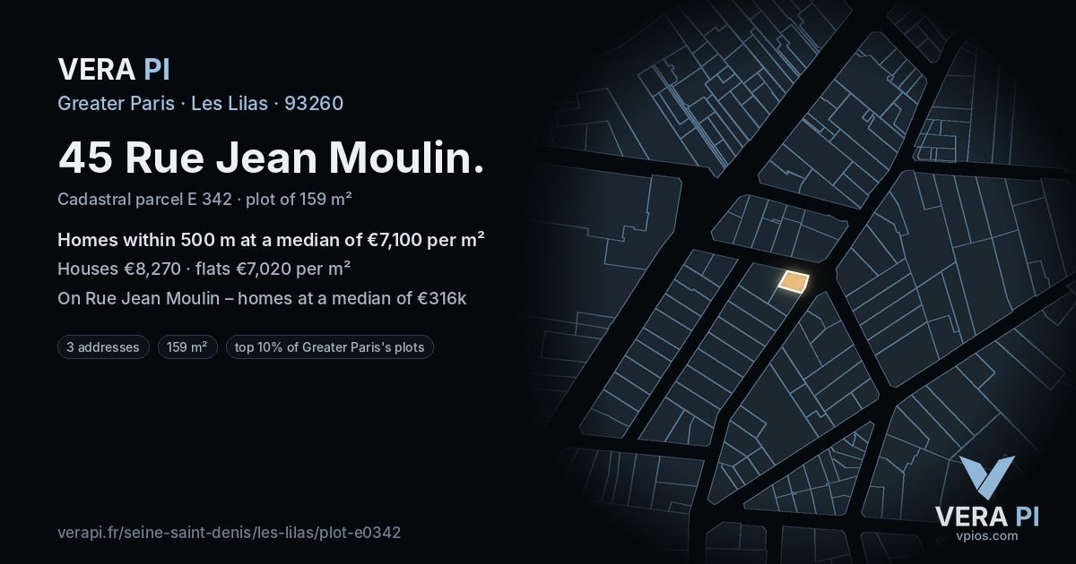 45 Rue Jean Moulin, Les Lilas at night – the plot lit, the parcels around coloured by the prices near them