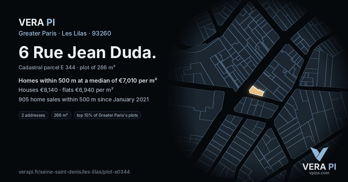 6 Rue Jean Duda, Les Lilas at night – the plot lit, the parcels around coloured by the prices near them