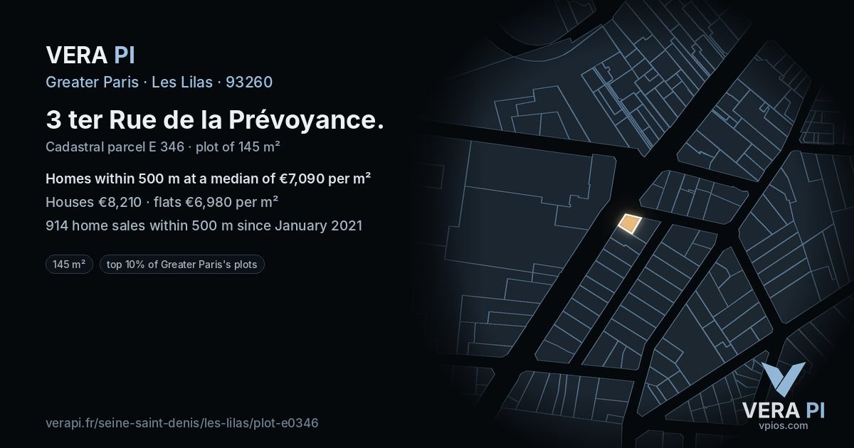 3 ter Rue de la Prévoyance, Les Lilas at night – the plot lit, the parcels around coloured by the prices near them