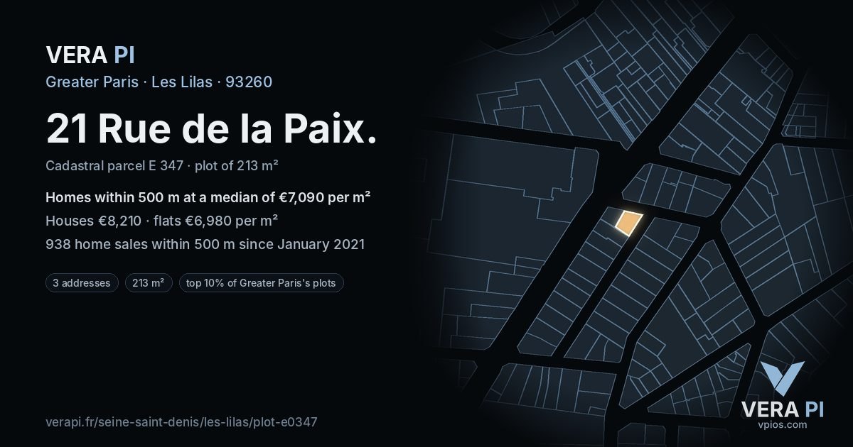 21 Rue de la Paix, Les Lilas at night – the plot lit, the parcels around coloured by the prices near them