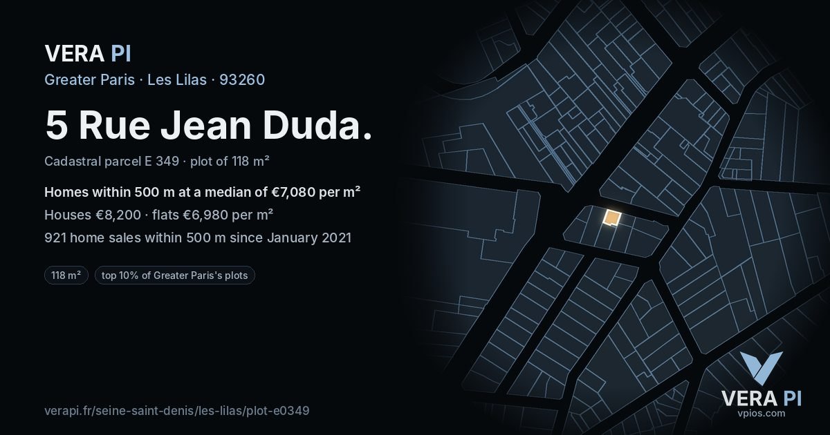 5 Rue Jean Duda, Les Lilas at night – the plot lit, the parcels around coloured by the prices near them