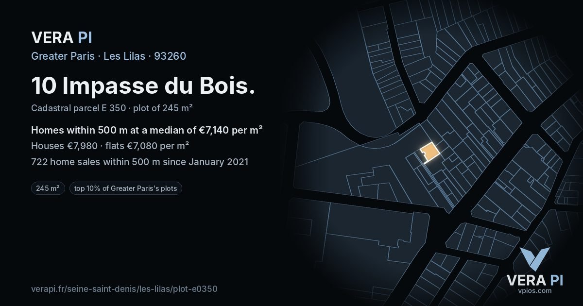 10 Impasse du Bois, Les Lilas at night – the plot lit, the parcels around coloured by the prices near them