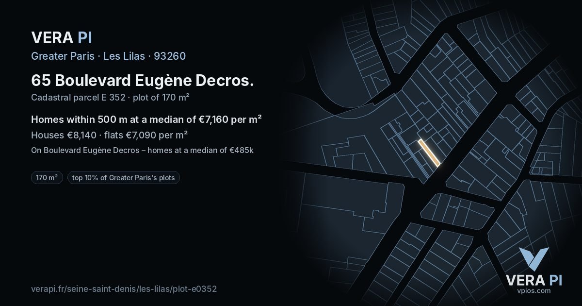 65 Boulevard Eugène Decros, Les Lilas at night – the plot lit, the parcels around coloured by the prices near them
