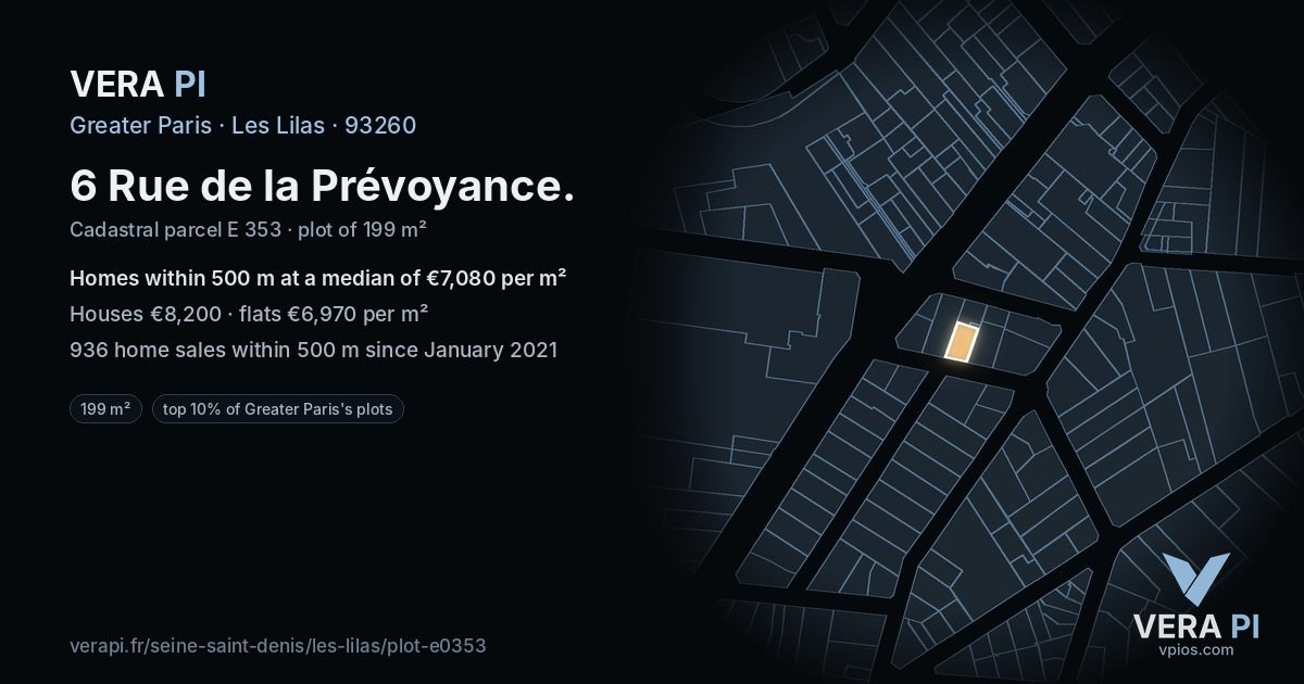 6 Rue de la Prévoyance, Les Lilas at night – the plot lit, the parcels around coloured by the prices near them