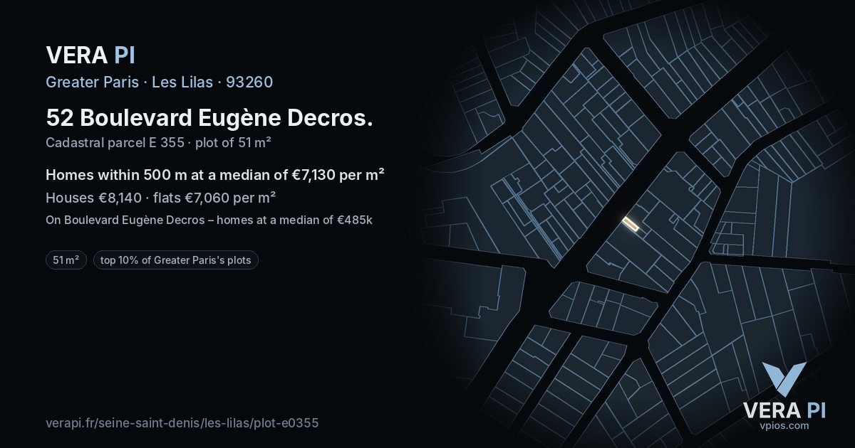 52 Boulevard Eugène Decros, Les Lilas at night – the plot lit, the parcels around coloured by the prices near them