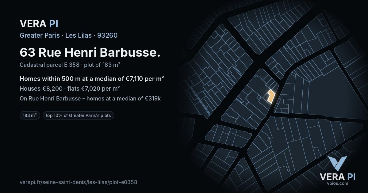 63 Rue Henri Barbusse, Les Lilas at night – the plot lit, the parcels around coloured by the prices near them
