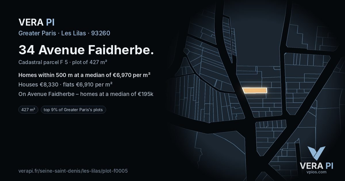 34 Avenue Faidherbe, Les Lilas at night – the plot lit, the parcels around coloured by the prices near them