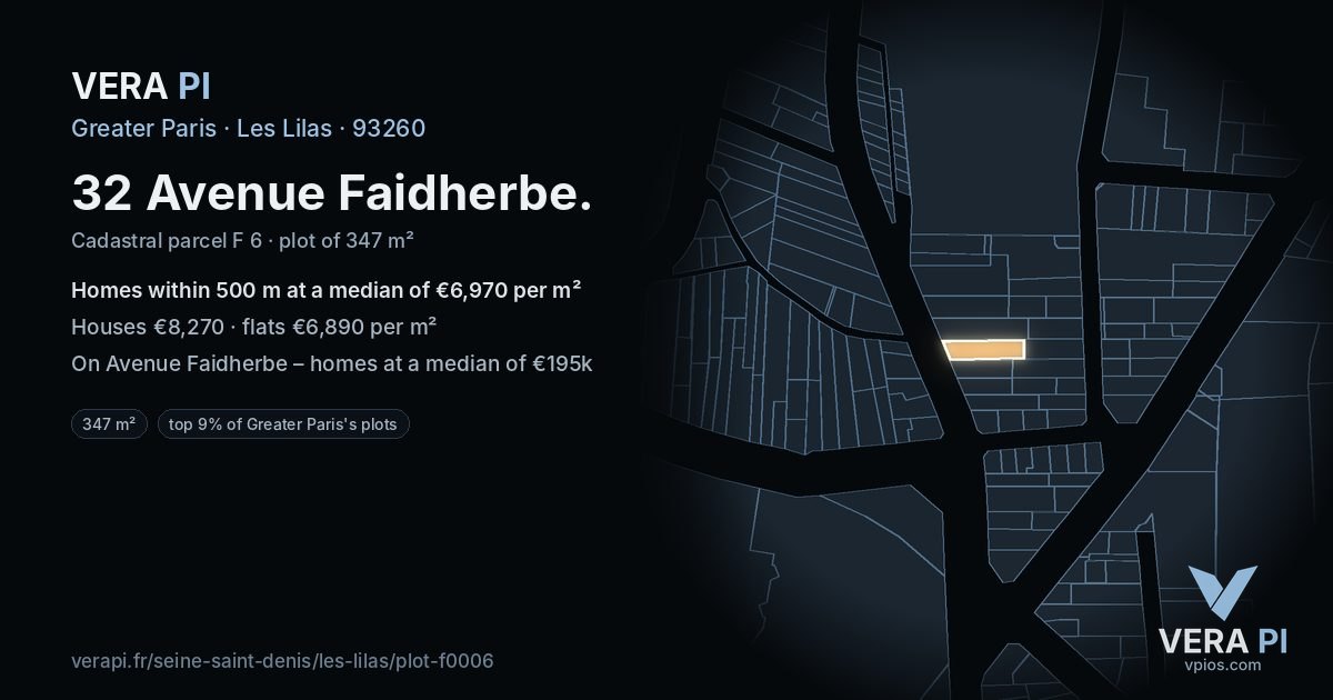 32 Avenue Faidherbe, Les Lilas at night – the plot lit, the parcels around coloured by the prices near them