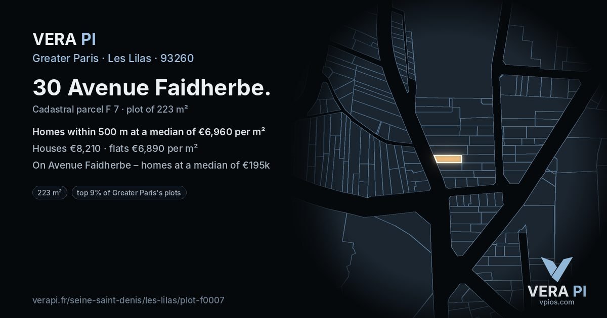 30 Avenue Faidherbe, Les Lilas at night – the plot lit, the parcels around coloured by the prices near them