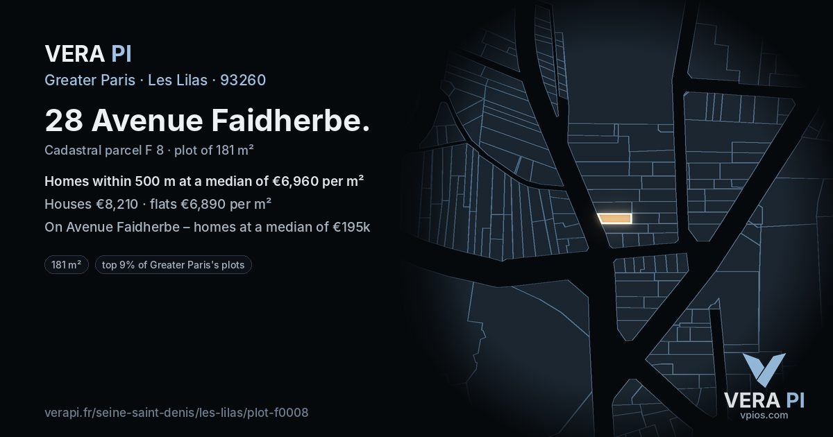 28 Avenue Faidherbe, Les Lilas at night – the plot lit, the parcels around coloured by the prices near them
