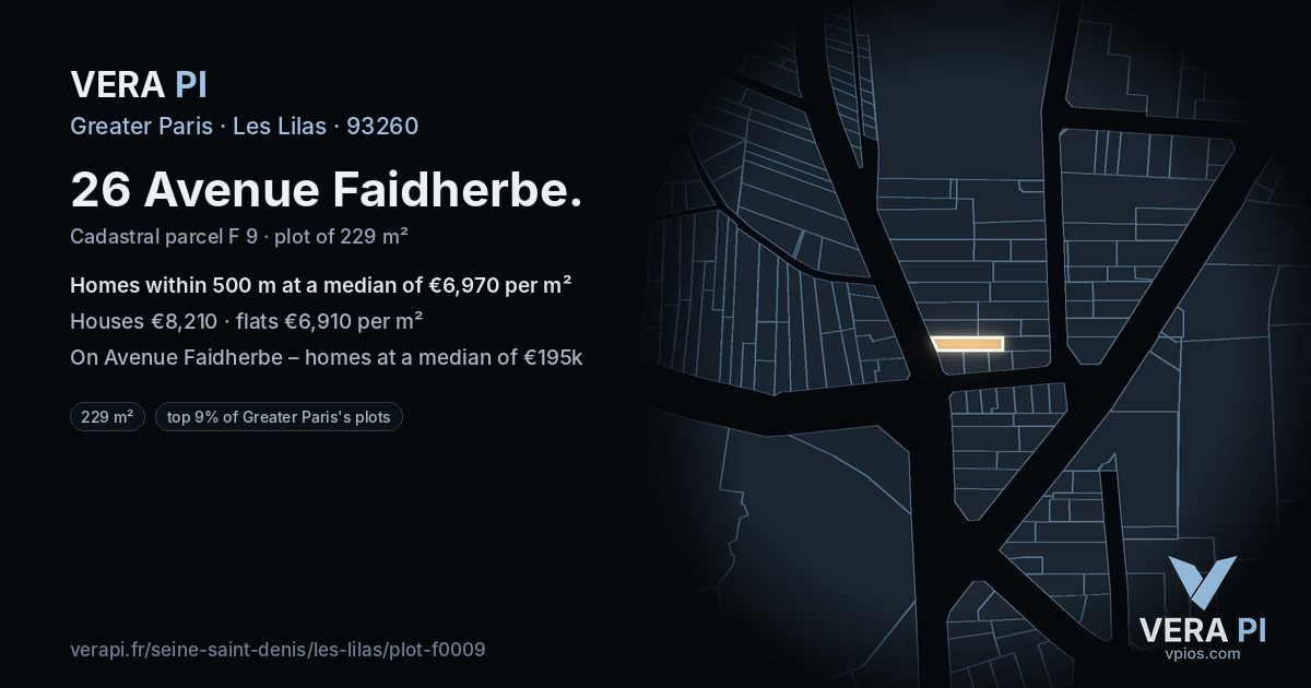 26 Avenue Faidherbe, Les Lilas at night – the plot lit, the parcels around coloured by the prices near them