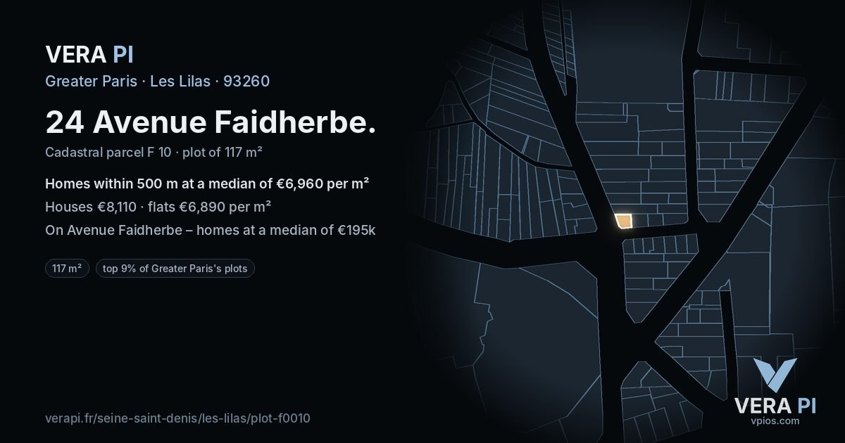 24 Avenue Faidherbe, Les Lilas at night – the plot lit, the parcels around coloured by the prices near them