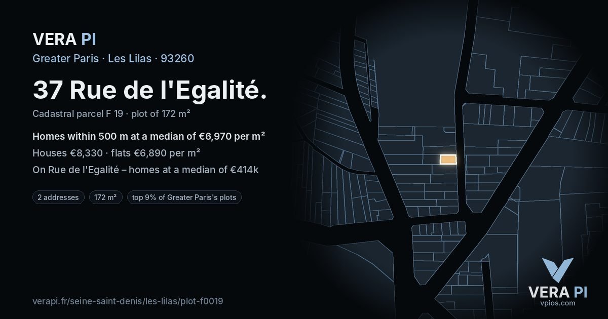37 Rue de l'Egalité, Les Lilas at night – the plot lit, the parcels around coloured by the prices near them