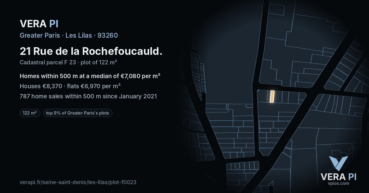 21 Rue de la Rochefoucauld, Les Lilas at night – the plot lit, the parcels around coloured by the prices near them