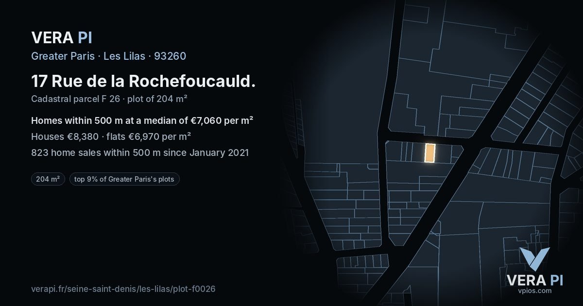 17 Rue de la Rochefoucauld, Les Lilas at night – the plot lit, the parcels around coloured by the prices near them